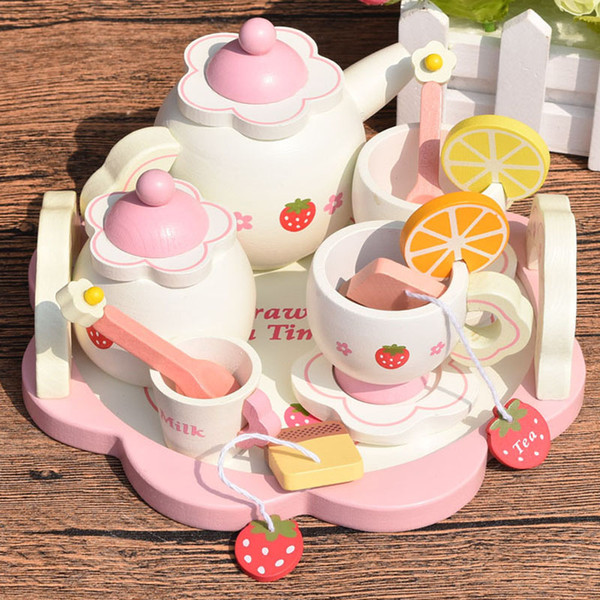Wooden Strawberry Afternoon Tea Toys Children Pretend Play House Tea Set Educational Kitchen Toy Birthday Gift