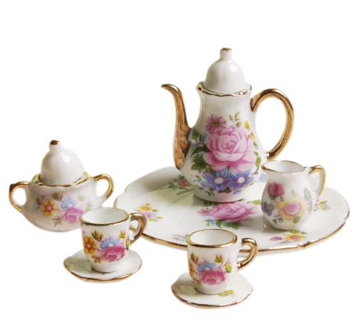 8pcs Dollhouse Miniature Dining Ware Set Dish Cup Plate Pink Rose Classic Pretend Play Kitchen Toys Creative Gifts for Girls