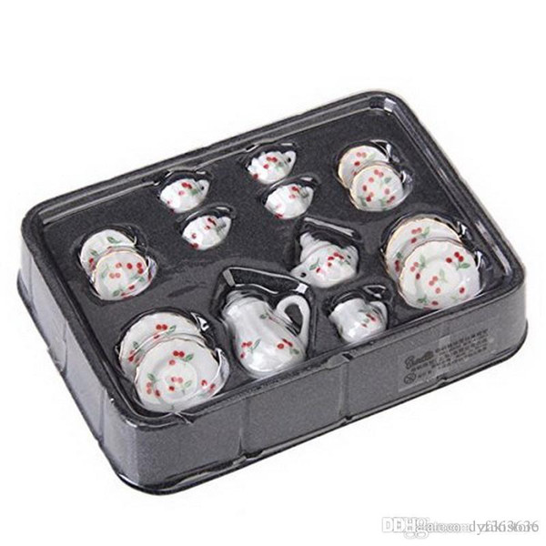 15pcs British Style 1/12 Dollhouse Miniature Dining Ware Porcelain Tea Set Dish Cup Plate Cherry Hot Sale