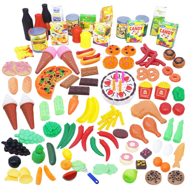 130pcs Food Fruit Cake Vegetable Toy Miniature Pretend Play Kitchen Plastic Educational Toy for Boy Girl Children
