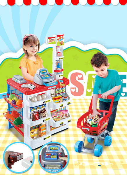 [TOP] 34pcs/set Simulation supermarket red cash register cart shelf set fun toy pretend play imitate cashier salesclerk gift