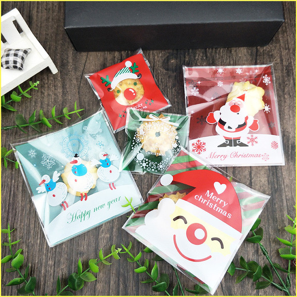 100pcs/lot Cartoon Gift bag Christmas Cookie DIY Food Self-adhesive Seal Packaging Plastic Bag Santa Claus Snowman Biscuits Candy Package SF