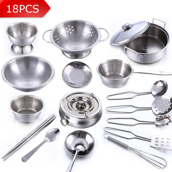 Wholesale- 18Pcs Stainless Steel Children Kitchen Toys Miniature Cooking Set Simulation Tableware Toy Pretend Play Cook Toy for Kids Gift