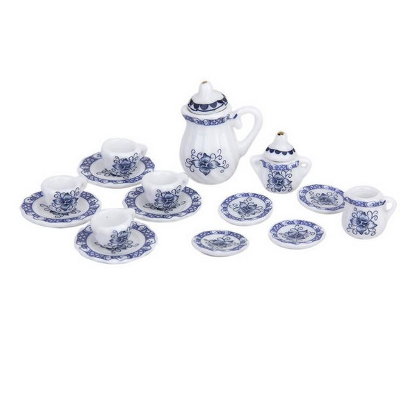 15pcs British Style 1/12 Dollhouse Miniature Dining Dinnerware Porcelain Tea Set Tea Cup Plate Blue Hot Sale