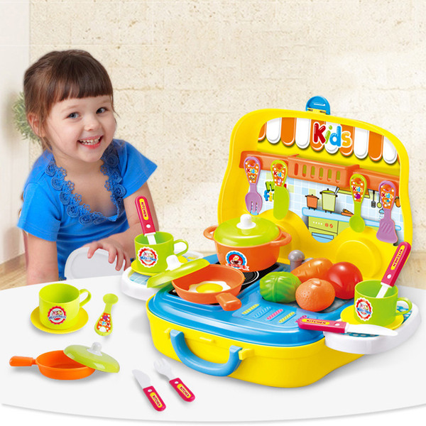 Children's Pretend Play Toys Kitchen Cutlery Pretend Cut Food Family Carry Suitcase Toy Set for Kids