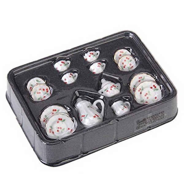 15pcs British Style 1/12 Dollhouse Miniature Dining Ware Porcelain Tea Set Dish Cup Plate Cherry Hot Sale