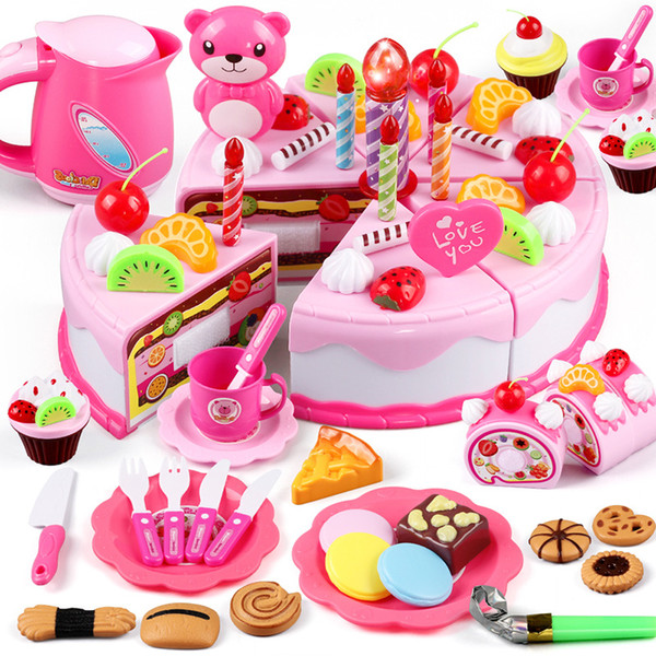 37-80Pcs DIY Pretend Play Fruit Cutting Birthday Cake Kitchen Food Toys Cocina De Juguete Toy Pink Blue Girls Gift for Children