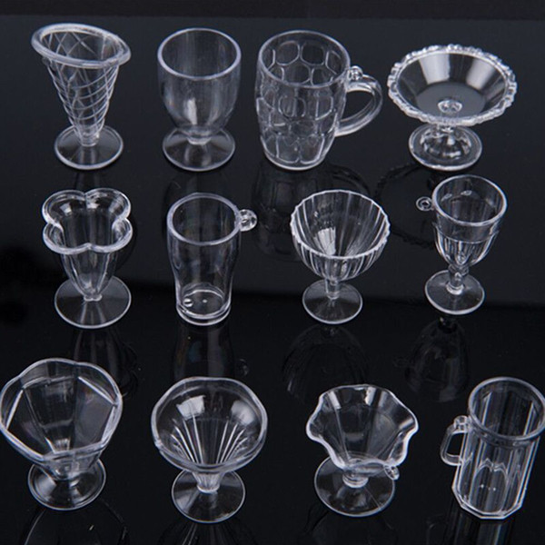 Modern Clear Transparent Plastic Mini Ice Cream Cup Tableware Doll House Miniatures Craft for Kids Gifts Kitchen Toys 12Pcs/Set