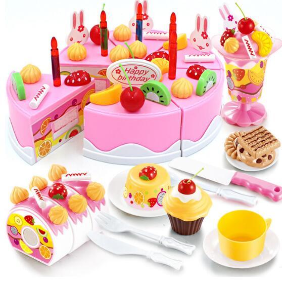 38-75Pcs DIY Pretend Play Fruit Cutting Birthday Cake Kitchen Food Toys Cocina De Juguete Toy Pink Blue Girls Gift for Children