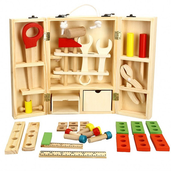 DIY portable wooden children play toy set simulation puzzle boy maintenance intelligence toolbox 39xq W