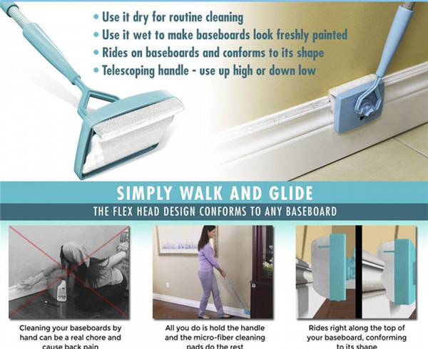 Baseboard Buddy Cleaning Mop Blue Plastic Steel White Mop Simply Walk Glide Extendable Microfiber Dust Brush Kids Bath Items 2018 Hot
