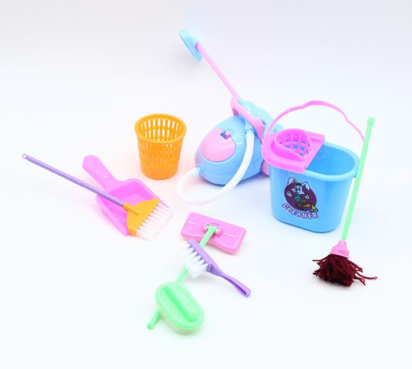 9pcs/lot House Cleaning Mop Broom Tools Pretend Play Toy Kit For Girls Dolls Accessories Kitchen fruit