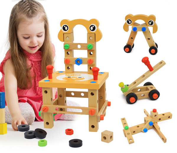 Kids Multifunctional Wooden Disassembly Tool Chair 40*23.5*23.5cm Children Developmental Toy Infants DIY toys boys girls gifts EMS DHL