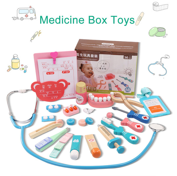 Wooden toys Funny play Real Life Cosplay Doctor game toy Dentist Medicine BoxPretend Doctor Play 20PCS Set For Children