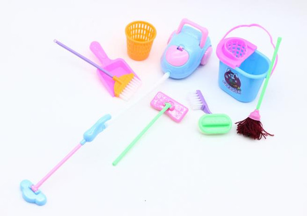 wholesale 9pcs/lot House Cleaning Mop Broom Tools Pretend Play Toy Kit For Girls Dolls Accessories Kitchen fruit
