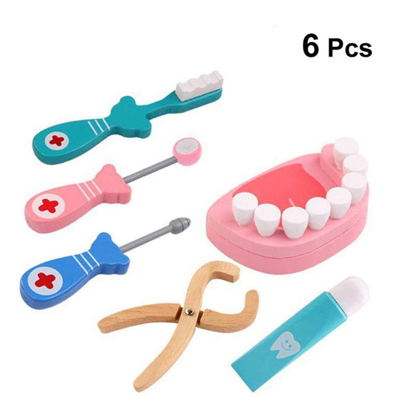 6pcs Kids Dentist Toys Pretend Play Simulation Wooden Fun Toys Medicine Kits Dental Tools for Kids Children