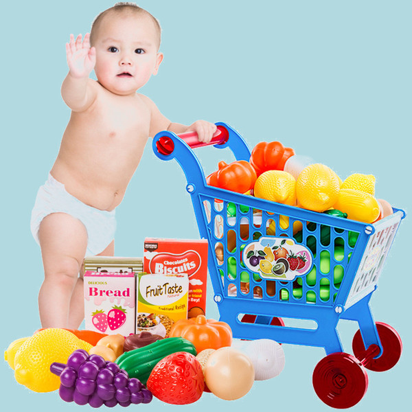 Children's Pretend Play Supermarket Toy Shopping Cart Trolley Home Toy with Fruits and Vegetables Free Shipping