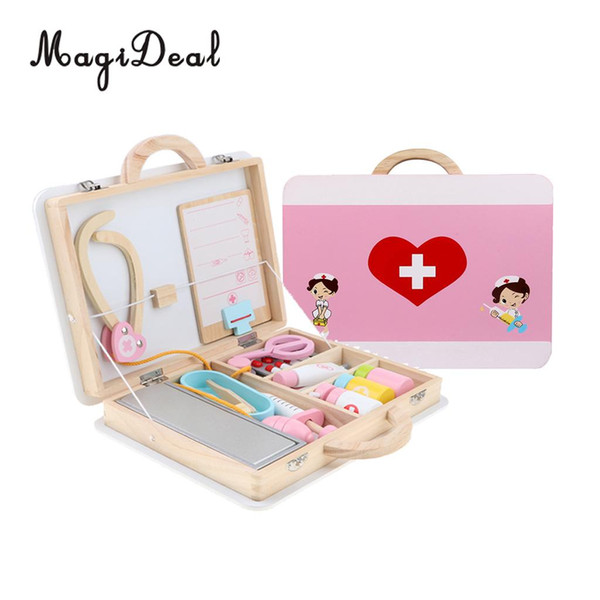 Box of 15pcs Wooden Medical Kits Doctot Nurse Pretend Role Play Tools Kits Carry Case Kids Educational Toy