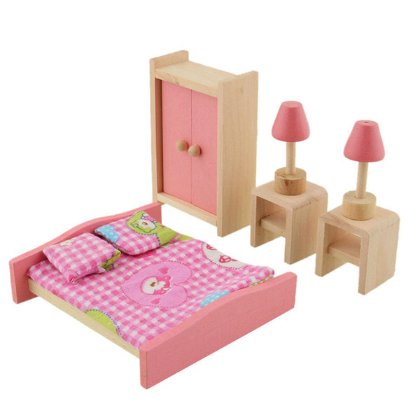 doll bathroom Wooden Dollhouse Doll Bedroom Girl Play Pretend Toy Kid Mini Double Bed Furniture Dollhouse Miniature Toy Child Gifts