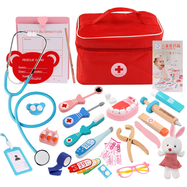Play house toy Simulation medicine box Wood kids doctor set Medical supplies learning Kids role play nurse injection medical kit