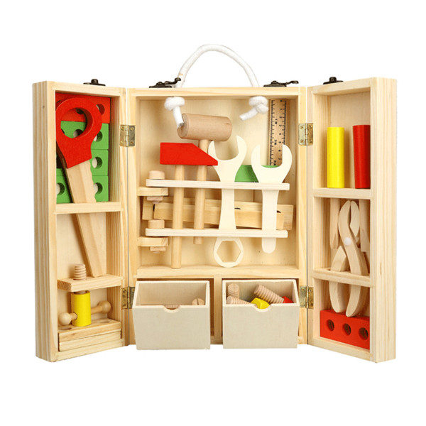 Wooden DIY portable multi-function simulation toolbox set combination, children's puzzle play house disassembly toy, tool workshop series!RV
