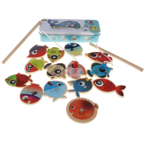 16pcs Fish Game Magnetic Fishing Pole Rod & Fish Marine Organisms Model Set Kid Pretend Play Toy Educational