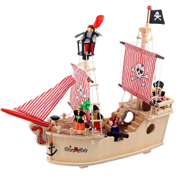 Wood toy 3D puzzle Cool Caribbe Pirate ship model with cute pirate dolls DIY educational toys Boat Ship New toys for kids 