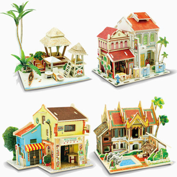 50 Sets 3D Wood Puzzle DIY Model Kids Toy French Coffee House Puzzle Buildings