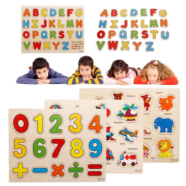 baby cognitive wooden alphabet puzzles toys educational toys numbers animal jigsaw puzzle hand grasp plate in English