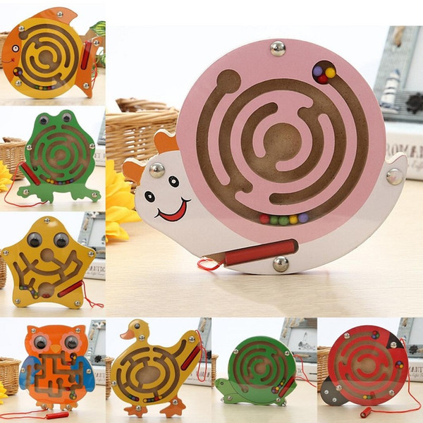 Kids educational Wooden Magnetic Maze Board Puzzle Toy Cute Frog Snail Shape Mini Metal Balls Moving Labyrinth Intellectual Jigsaw Board Toy