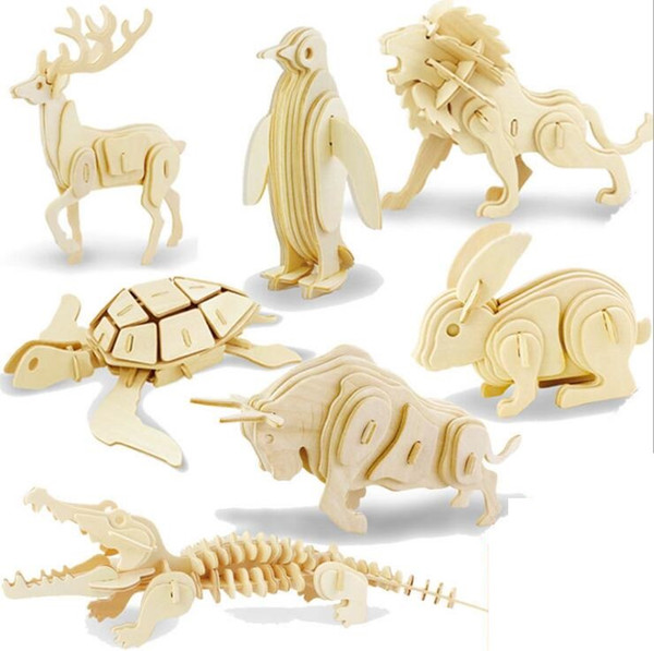 DIY 3D Models Puzzle Educational Toys Wooden Building Blocks Wood Toy Jigsaw Craft Lion Tank Plane Goat Car Snake Horse Shark Spider