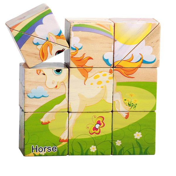 11pcs/set 3D Cubes Animal Wooden Puzzle Education Learning Tools Toys Baby Six Sides Hourse Car Hexahedral Jigsaw Puzzle