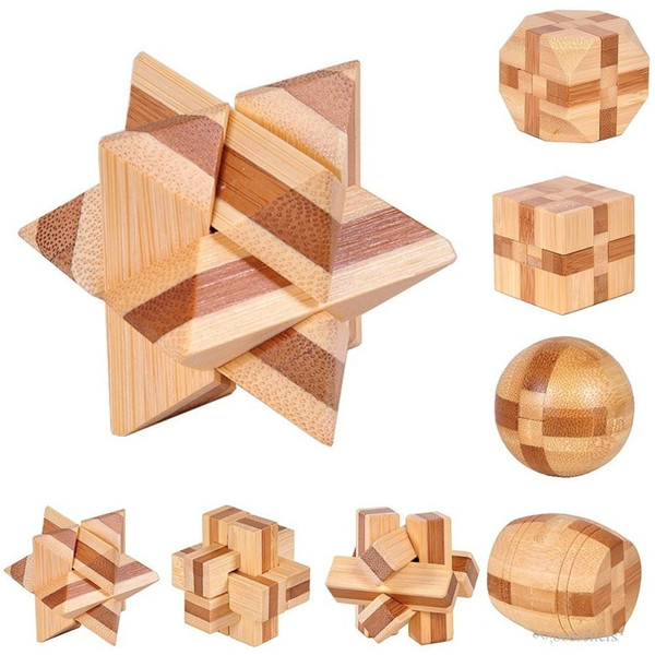 Classic 3D IQ Wooden Brain Teaser Bamboo Interlocking Puzzles Game Toy