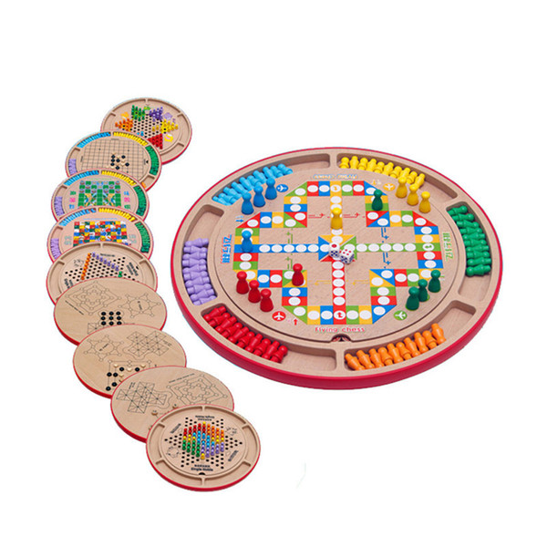 10 in 1 Multi-function Wooden Chess Checkers Kids Child Educational Toy Parent-child Interaction Puzzle Game Flight Gobang