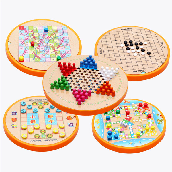 Wooden 5 in 1 Multifunctional Checkers/Gobang/Flying Chess/Train Chess/Animal Checker Children's educational toys Kid Table games Toy Set