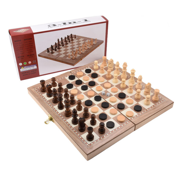 Wooden Chess Set Checkers Backgammon 3 in 1 Travel International Chess Game Wood Chess Pieces Foldable Chessboard