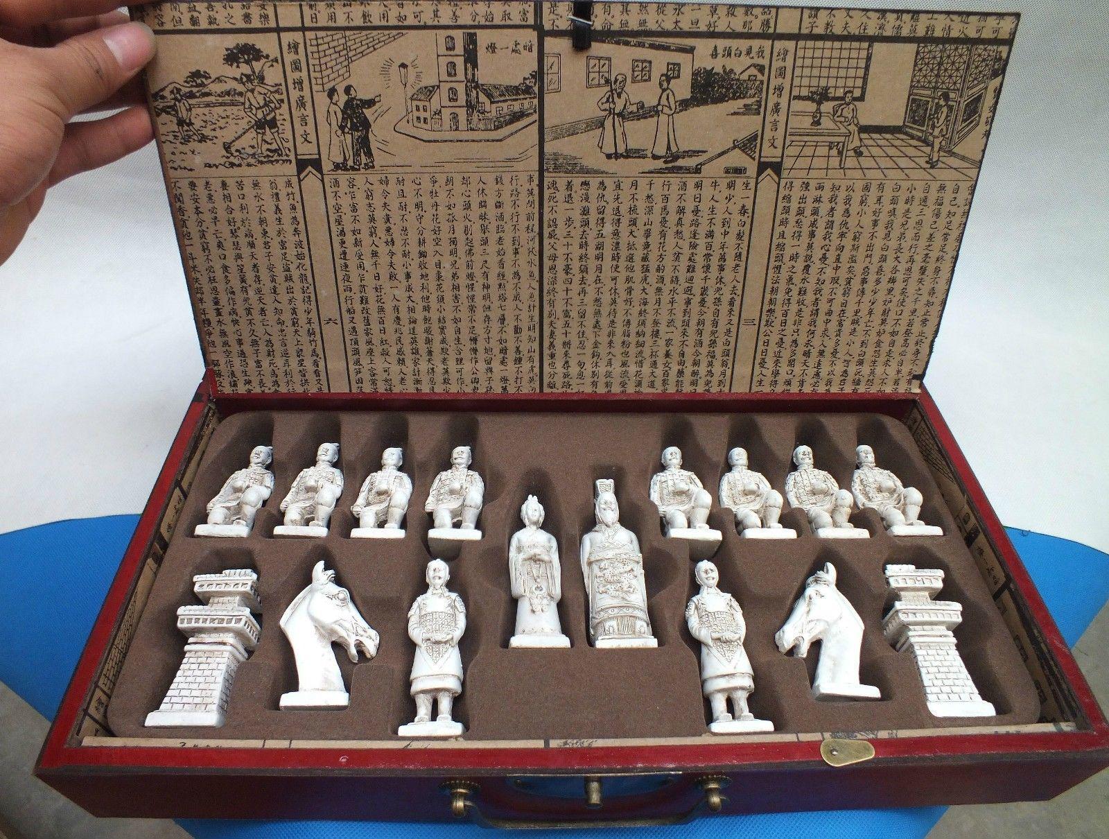 RARE Chinese Dragon wood Leather box with Chess Set