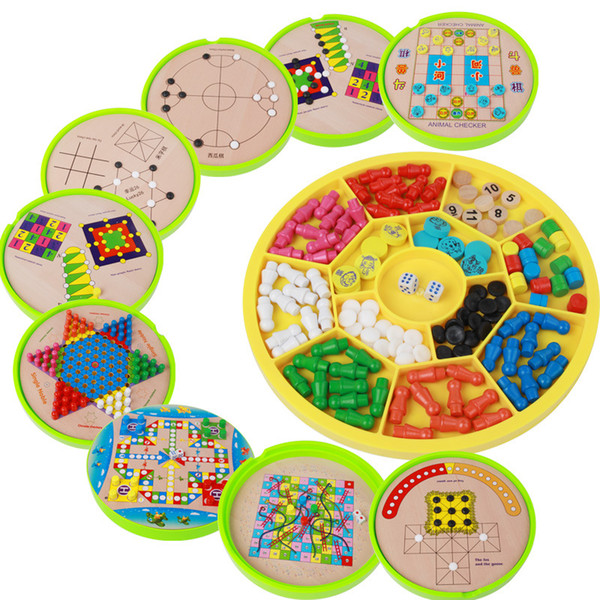 1 set Wooden Sixteen Kinds Chess Set Multifunctional Checkers/Gobang/Flying Chess Kid Table Games Wood Toy Set Children Birthday Gift