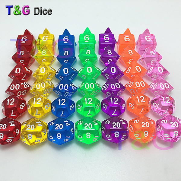 Wholesale- Wholesales 7pc/set Transparent Crystal Dice Set D4,d6,d8,d10,d10%,d12,d20 for Board Game rpg