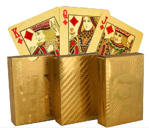 200pcs hot 3 designs Gold foil plated playing cards Plastic Poker US dollar / Euro Style / General style