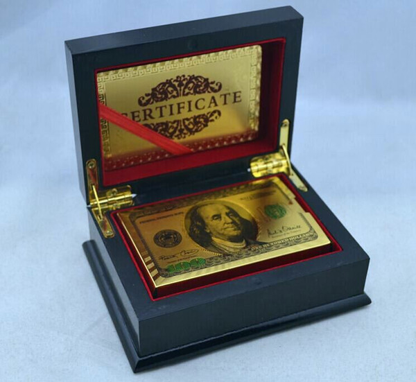 Free 24K USD Gold Plated Colored Dollar Poker Playing Card With Wooden Box,10pcs/lot by DHL