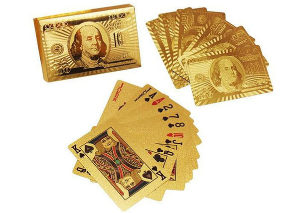 Hot Durable Waterproof Plastic Playing Poker Cards 24K Gold Foil Plated Playing Cards Poker Table Games Christmas Gifts US Dollar Euro Style