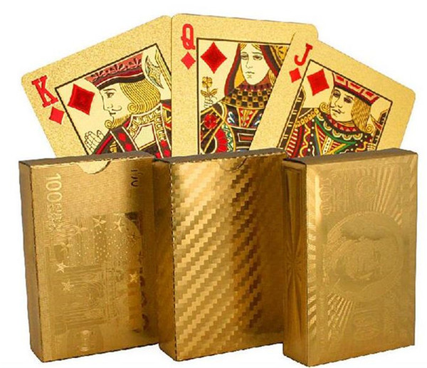 100pcs hot 3 designs Gold foil plated playing cards Plastic Poker US dollar / Euro Style / General style D663