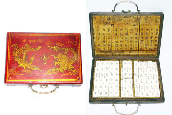 144 Pieces Mah-jong Mahjong Set +2 Dice+ Red Leather Wood Dragon Box