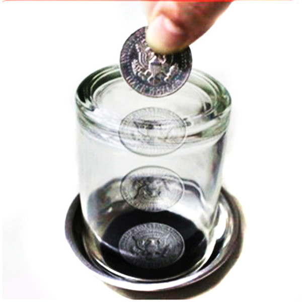 Magic Coin Thru Into Glass Cup Tray Close Up Easy Amazing Gimmick Magic Trick Props for Christmas/ party show as funny gift easy show magic