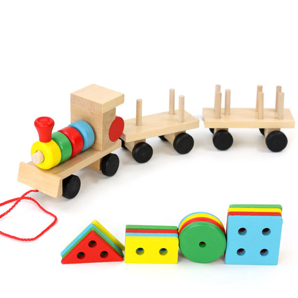 Wholesale- kids puzzle Montessori Geometric Shape build wooden toys children Train Vehicle Set Combination Educational gift Toys CU38