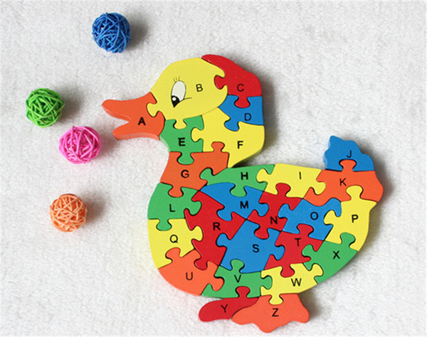 New wooden toy Animal Cartoon Duck 26 piece English letters and digital cognitive Wooden Jigsaw Puzzle