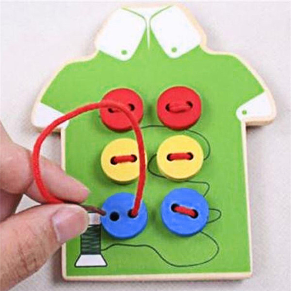 Wholesale- Kids Montessori Educational Toys Children Beads Lacing Board Wooden Toys Toddler Sew On Buttons Early Education Teaching Aids