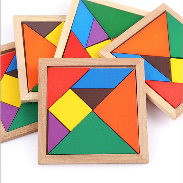 2019 Wooden Tangram 7 Piece Jigsaw Puzzle Colorful Square IQ Game Brain Teaser Intelligent Educational Toys for Kids