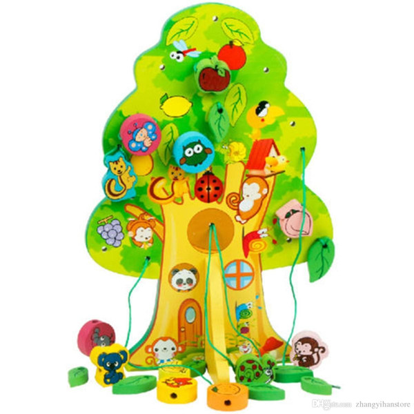 Wholesale-2016 New Arrival Children Favor Educational Wooden Toy Animal Fruit Tree House Stringing Beads Baby Birthday Gift